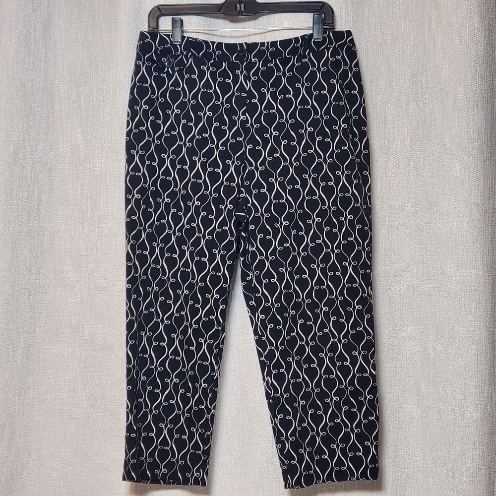 Talbots Stretch Crop Pants Black White Curly Lines Pattern Cotton Spandex